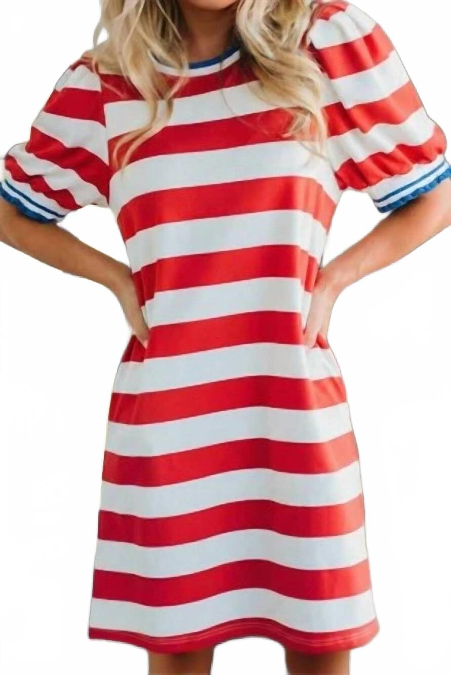 NEW SHEWIN stripe contrast trim round neck short puff sleeve dress in red